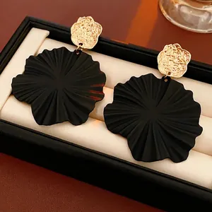 Flower Drop Earrings For Women Matte Black Pleated Petal Hammered Gold Alloy With Silver Earring Post French Retro Chic