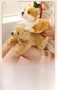 Detail of plush Corgi and Golden Retriever dog toys with soft faux fur texture