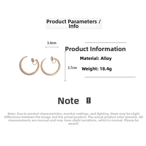 Detailed size chart for geometric rose gold C-shaped clip-on earrings, 3.4cm by 3.7cm