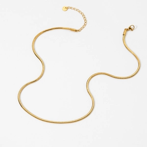 Minimalist gold stainless steel snake chain necklace with lobster clasp on white background