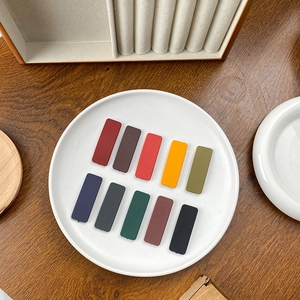 10-piece set of matte rectangular hair clips in assorted Morandi colors on a ceramic plate