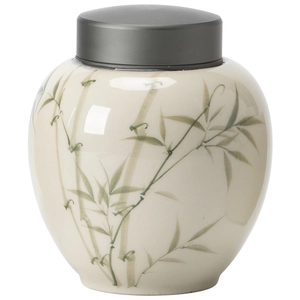 Elegant white ceramic tea canister with green bamboo pattern and gray alloy lid