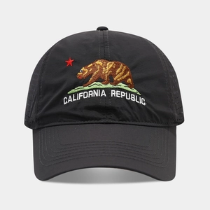 Black quick-dry baseball cap featuring California Republic bear embroidery and breathable holes