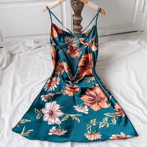 Floral satin slip dress for women with criss-cross back straps in dark green