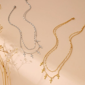 Double layer stainless steel cross pendant necklace in gold and silver finishes