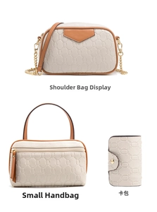 Detailed set of three beige and brown textured tote bags with golden chains and card holder