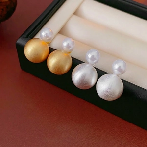 Double Ball Stud Earrings With Silver Earring Post Copper Matte Metal Sphere And Imitation Artificial Pearl French Style For Women