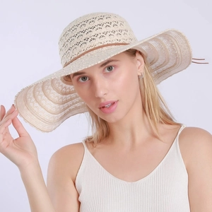 Summer lace straw sun hat with wide brim and leather strap for women elegant beach accessory