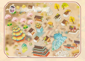Close-up of Chinese traditional architecture stickers featuring colorful ancient towers and trees