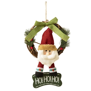 Couronne de Noël en rotin avec Père Noël, nœud rouge et panneau Ho Ho Ho pour porte