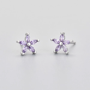 Elegant purple marquise-cut zircon flower stud earrings in silver minimalist setting