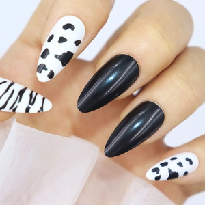 Press On Nails Glossy Black White Zebra Cow Print Almond Shaped False Artificial Finger Nails For Women Chic Style