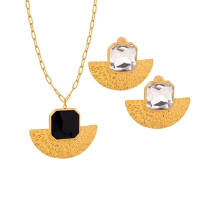 Retro Fan Shaped Stainless Steel Jewelry Necklace Earrings Hammered Texture Geometric Glass Stone Inlay Gold Plated Women