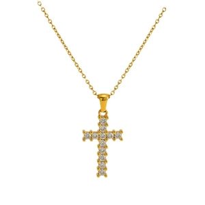 Punk style cross pendant necklace with round zircon pave setting on a gold finish chain