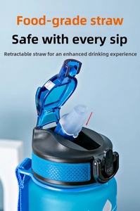 Detail of food-grade silicone straw and durable lid with carry strap on gradient bottle