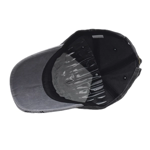 Detail view of washed cotton baseball cap interior with sweatband and support