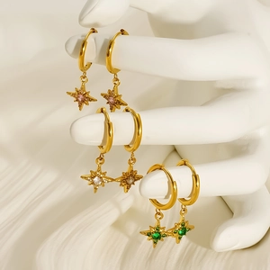 Elegant 18K gold plated stainless steel star hoop earrings with colorful crystals