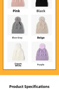 Selection of knit beanies with faux fur pom poms in pink, black, blue, and beige colors