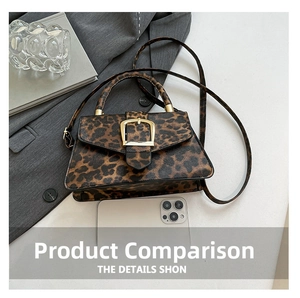 Detailed view of leopard print crossbody bag with gold buckle and size comparison