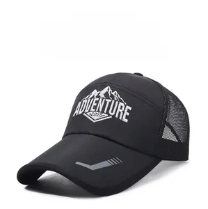 Detail of breathable mesh fabric and Adventure 2025 embroidery on black baseball cap