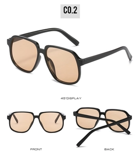 Three-angle views of black rectangular sunglasses featuring orange lenses and C0.2 color code