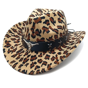 Detail of leopard print cowboy hat with silver bull head buckle and black leather band
