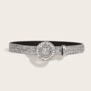 Women's silver glitter leather belt with round rhinestone buckle on a beige background