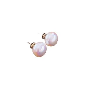 Classic round pinkish pearl stud earrings with silver pins on a white background