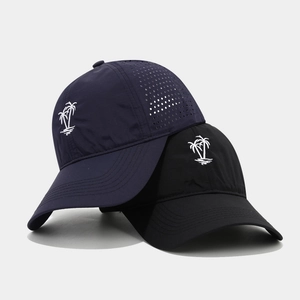 Quick-dry outdoor baseball cap with palm tree embroidery and laser-cut vents in dark blue