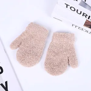 Soft thermal coral fleece mittens for kids in beige, thick warm winter plush gloves