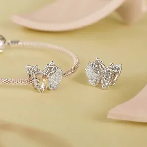 Golden S925 sterling silver ginkgo butterfly charm with yellow gemstone for bracelets