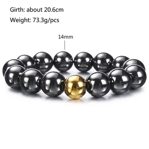 Men's black bead bracelet with 14mm stones and 20.6cm length specifications detail