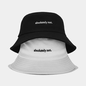 Unisex cotton bucket hats in black and white with 'absolutely not.' embroidery detail