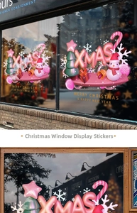 Detail of pink 3D XMAS window decals featuring inflatable snowmen and festive trees
