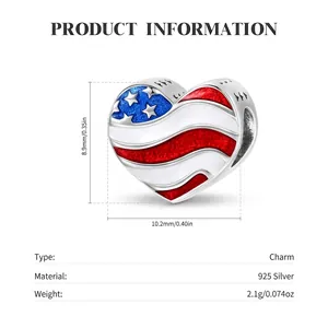 Charme coeur en argent sterling S925 émail drapeau USA, taille 10,2x8,9mm pour bracelets