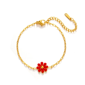 Golden stainless steel bracelet with a red flower pendant and adjustable chain link