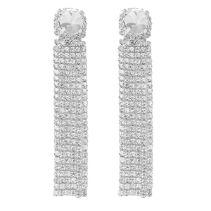 Sparkling silver rhinestone long fringe earrings with cubic zirconia and copper base