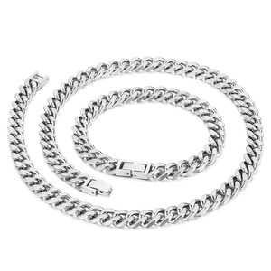 Classic silver stainless steel cuban curb chain necklace and bracelet set with square clasp