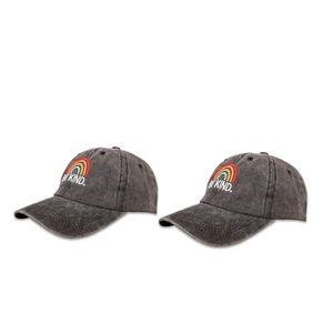 Detail of Be Kind rainbow embroidery on washed dark grey vintage denim baseball caps