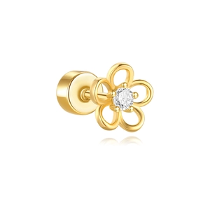 Detailed side view of golden five-petal flower earring with a sparkling center zircon