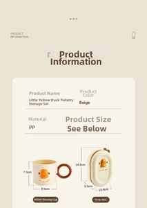 Detail of cute duck soap box and 300ml rinse cup dimensions in beige PP material