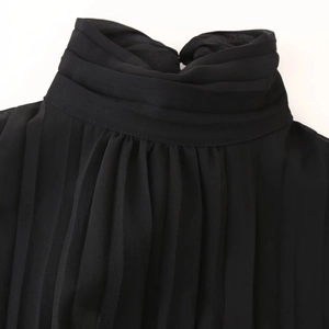 Women's elegant black chiffon dress featuring a sophisticated pleated high neck and long sleeves