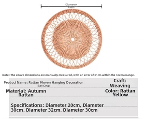 Detailed size specifications for handmade rattan wall decor in different diameters