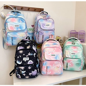 Detailed display of five colorful backpacks featuring moon and butterfly prints