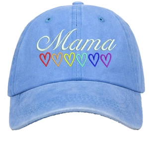Detailed embroidery of Mama text and rainbow hearts on light blue washed cotton cap