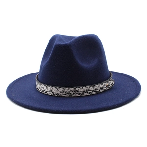 Detailed close-up of navy blue wool fedora hat with a stylish snakeskin patterned band