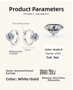 Detail view of S925 silver 6.5mm moissanite earrings with size and quality specifications