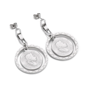Vintage silver coin pendant earrings featuring embossed portrait and textured ring detailing