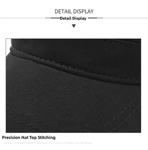 Close-up of premium stitching on the crown of a black cotton military flat top cap