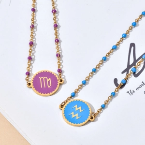 Gold stainless steel 12 Zodiac sign enamel bracelets with Virgo and Aquarius charms